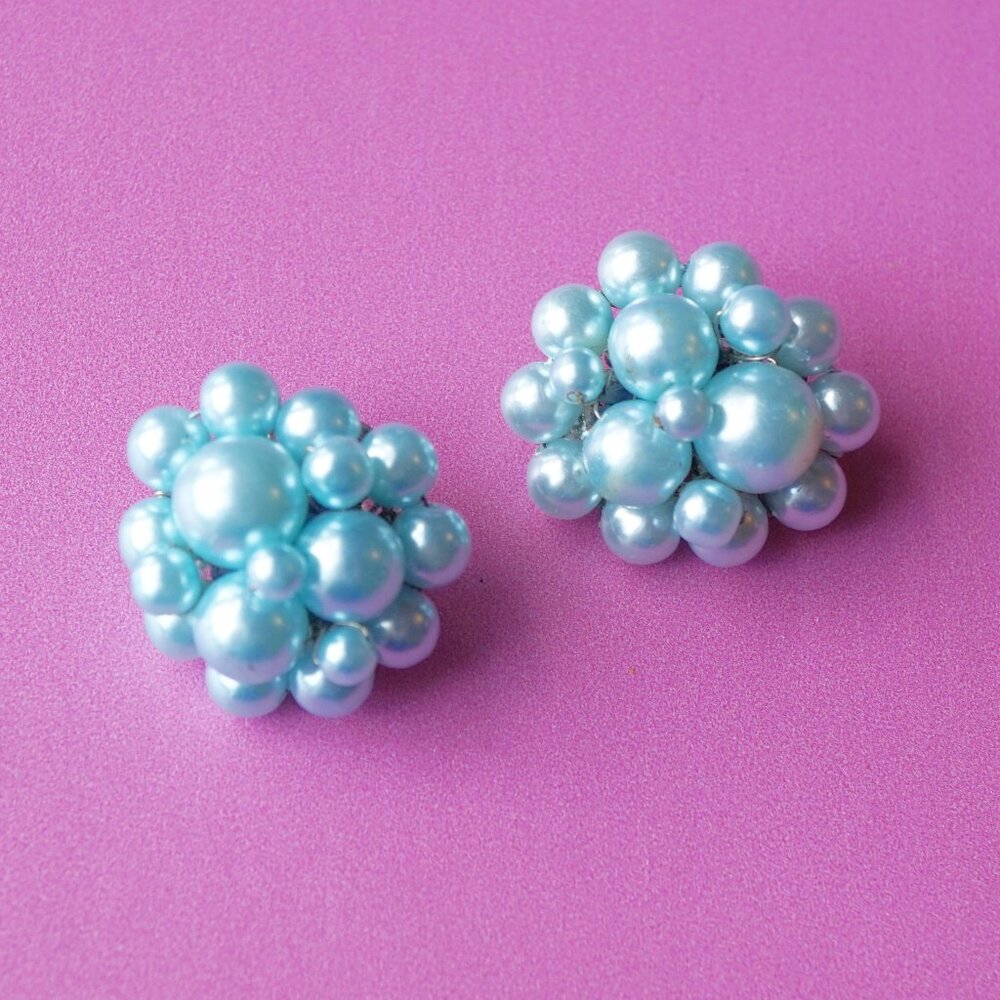 Mid-Century Baby Blue Faux Pearl Cluster Earrings — Made in Japan, 1950s